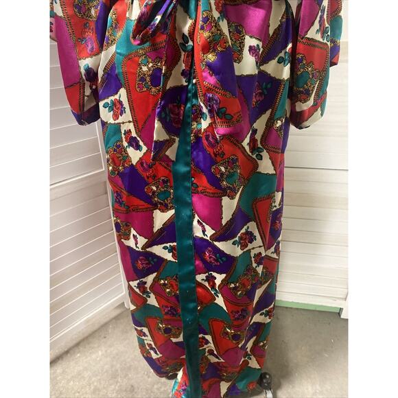 80s 90s Frederick's of Hollywood Satin Long Full Length Jewel Tone Robe Large - Picture 3 of 9
